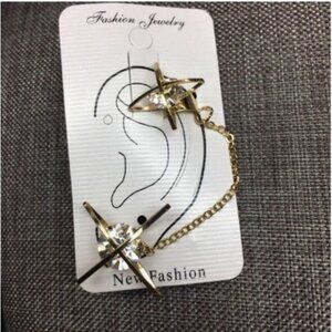 Ear Cuff Jewelry Gold Chain Cage Rhinestone Earring Bling Glam Retro 80s 90s Y2K